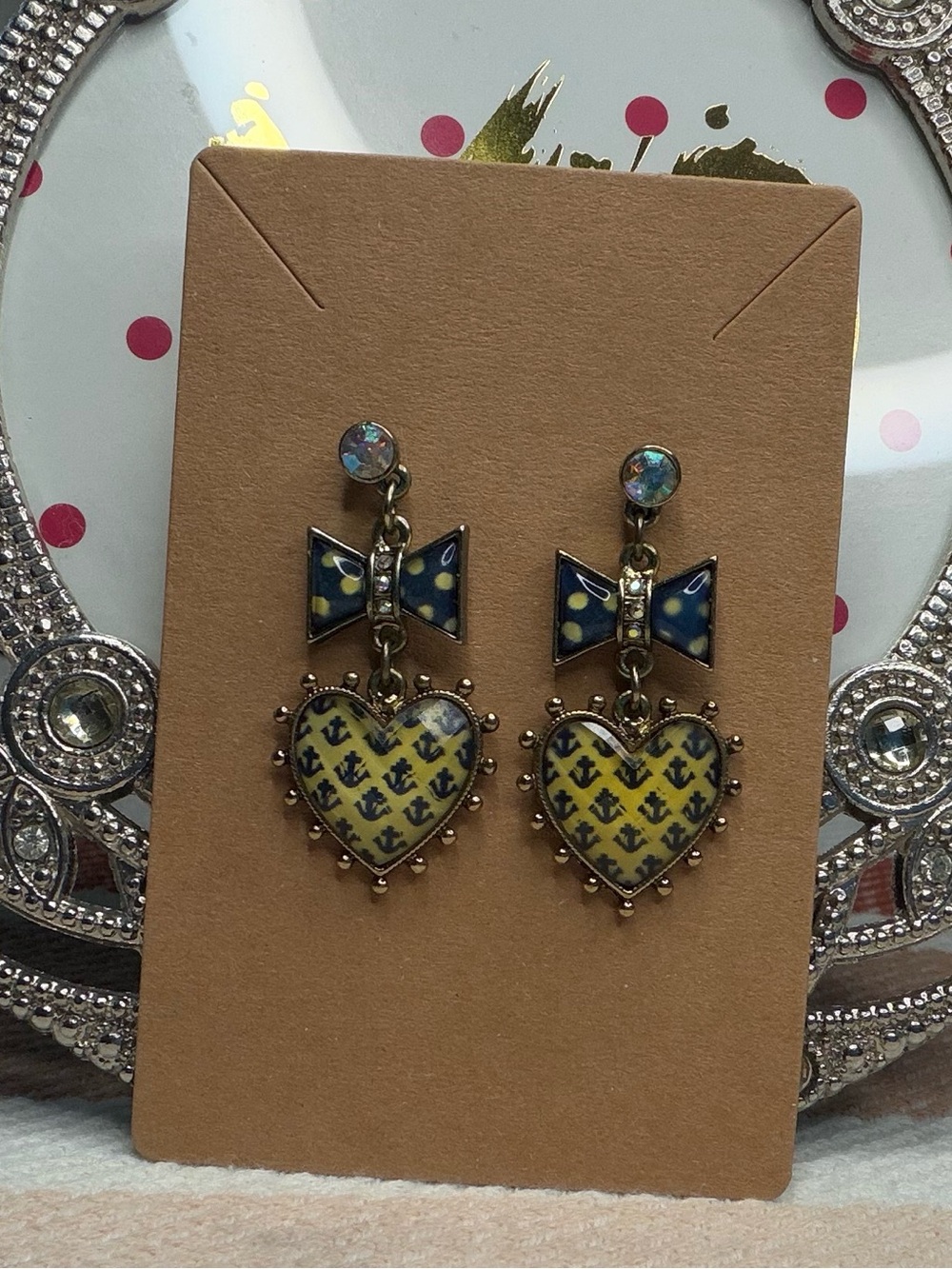 Retro Nautical Polka Dot Bow Anchor Heart Drop Earrings Sailor Rockabilly